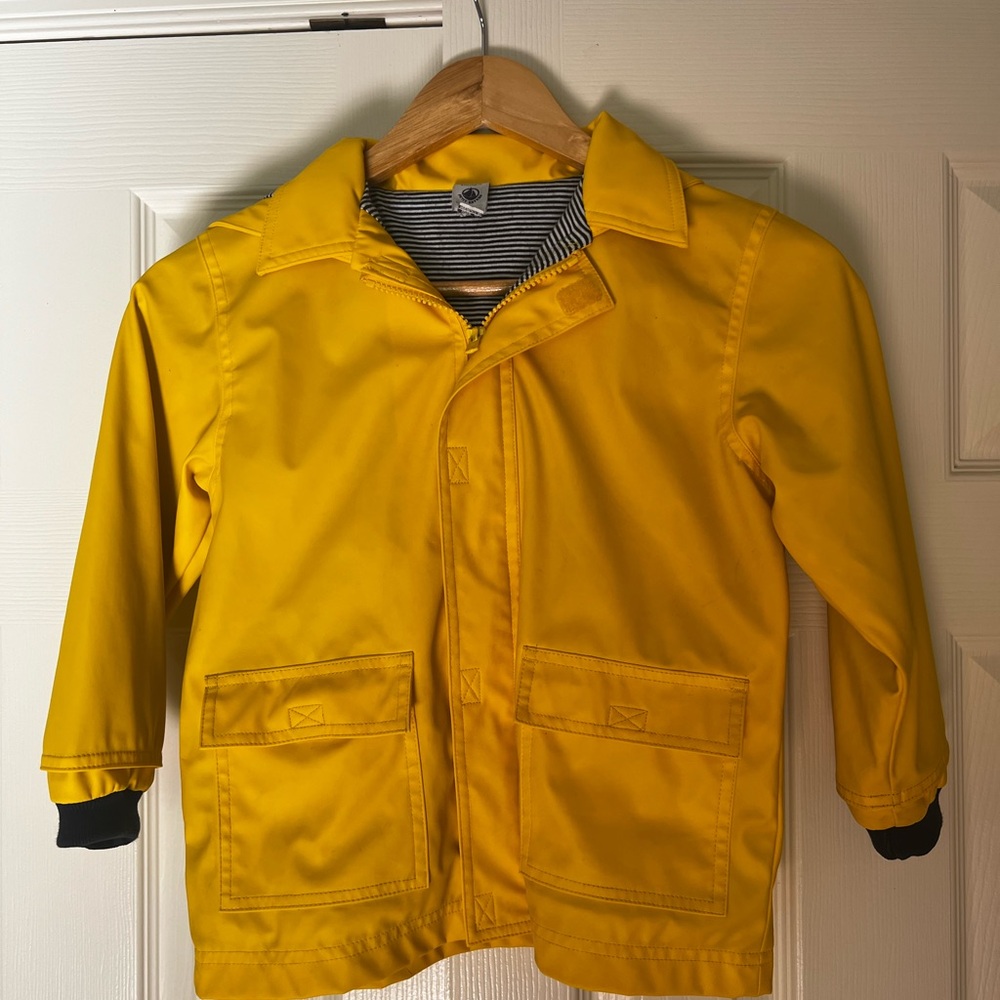 Classic Petit Bateau Yellow Rain Jacket, size 5, hooded, lined.